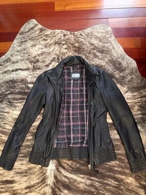 Mackage Black Leather Zip Jacket with Plaid Lining